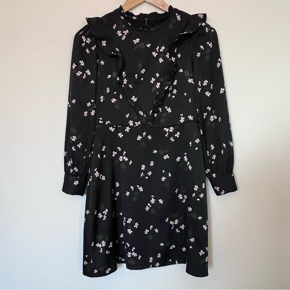 Ann Taylor black ruffle black floral long sleeve dress womens size 00P petite - Picture 5 of 13